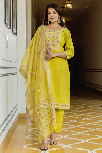 Yellow viscose embroidered straight kurta with viscose pant and organza dupatta set