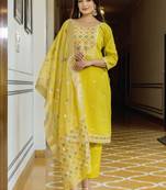 Yellow viscose embroidered straight kurta with viscose pant and organza dupatta set