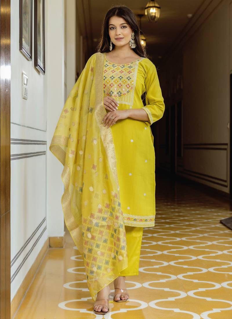 Yellow viscose embroidered straight kurta with viscose pant and organza dupatta set