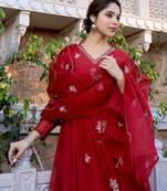 Embroidered chanderi silk in red salwar kameez