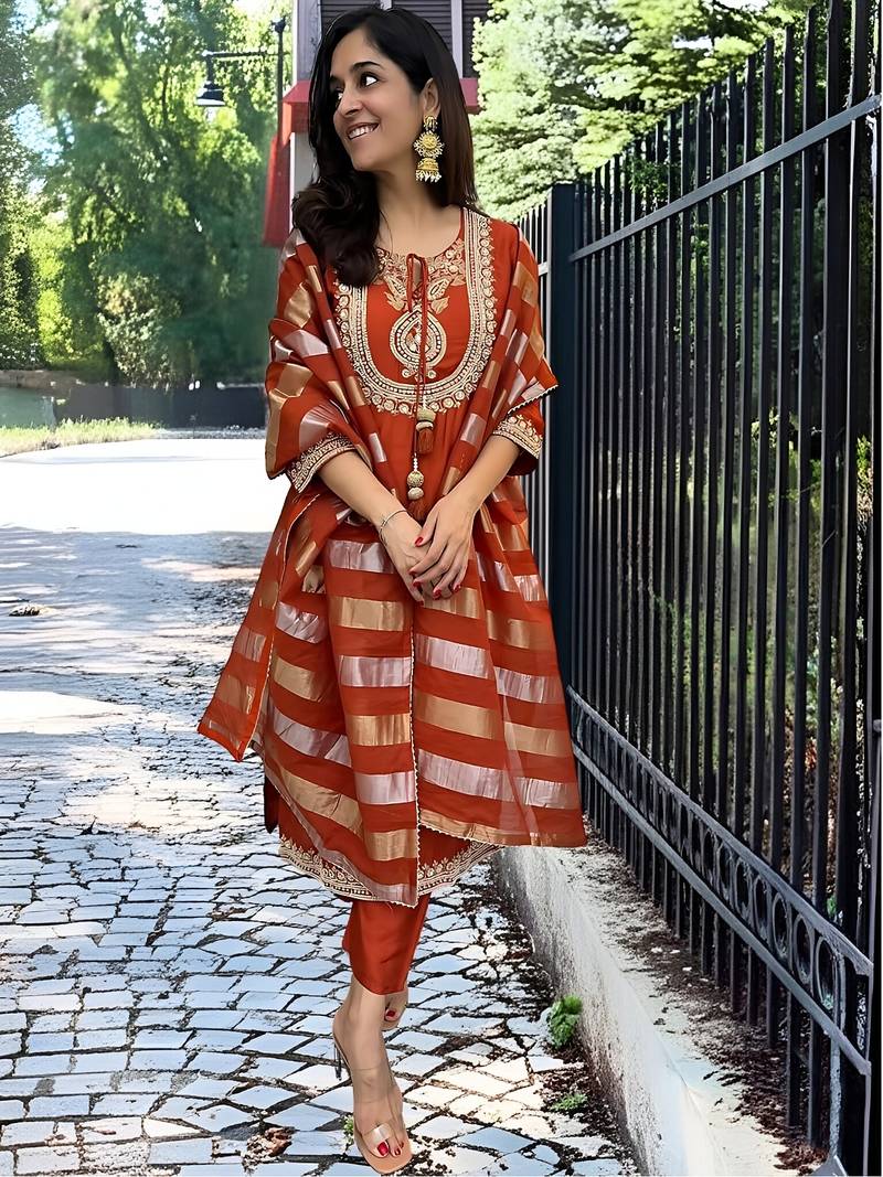 Rust embroidered chanderi salwar kameez