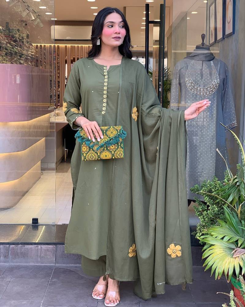Dark sage green embroidered chanderi silk designer salwar kameez