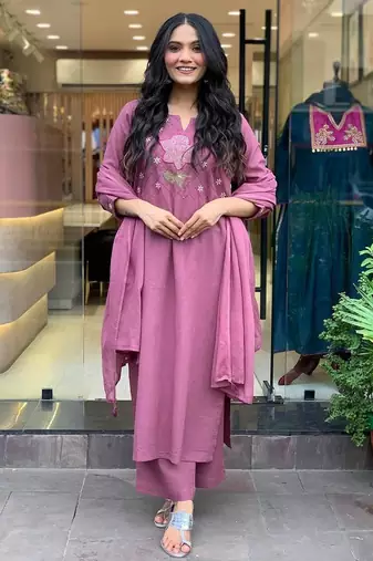 Embroidered onion pink cotton trendy designer salwar kameez