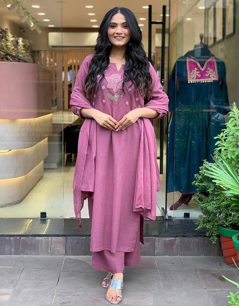 Embroidered onion pink cotton trendy designer salwar kameez