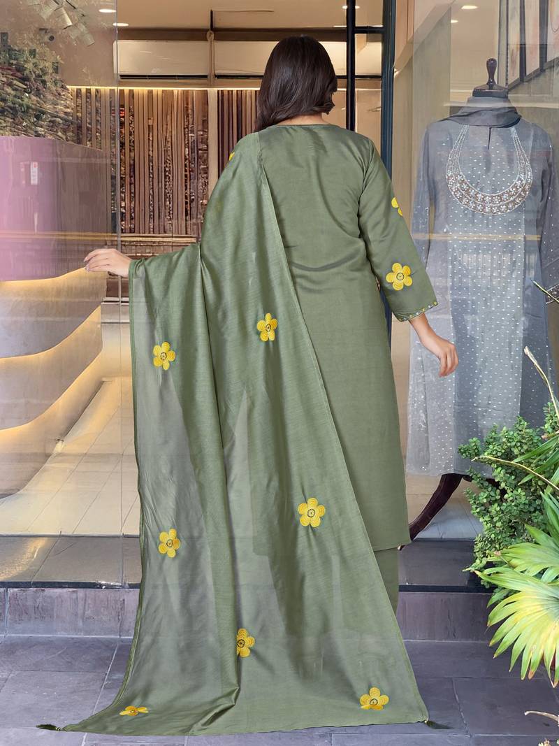 Dark sage green embroidered chanderi silk designer salwar kameez