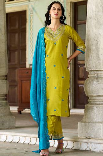 Viscose chanderi green and mustard embroidered trendy salwar kameez