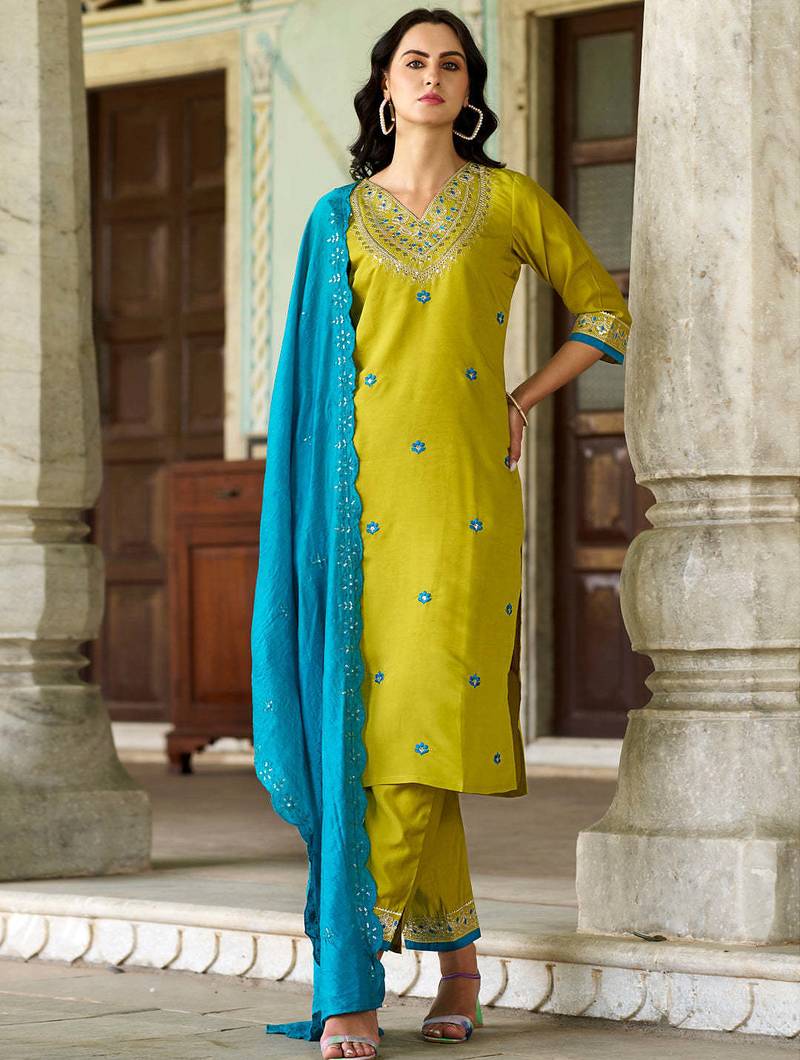 Viscose chanderi green and mustard embroidered trendy salwar kameez