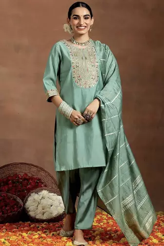 Light pista embroidered ckanderi straight suit with dupatta