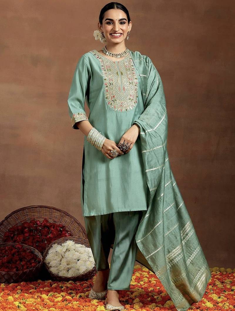 Light pista embroidered ckanderi straight suit with dupatta