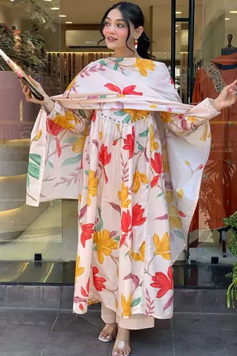 Cotton printed with embroidered off white salwar kameez