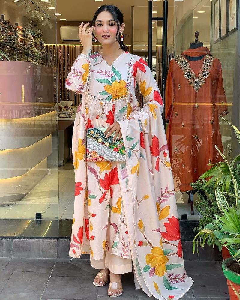 Cotton printed with embroidered off white salwar kameez