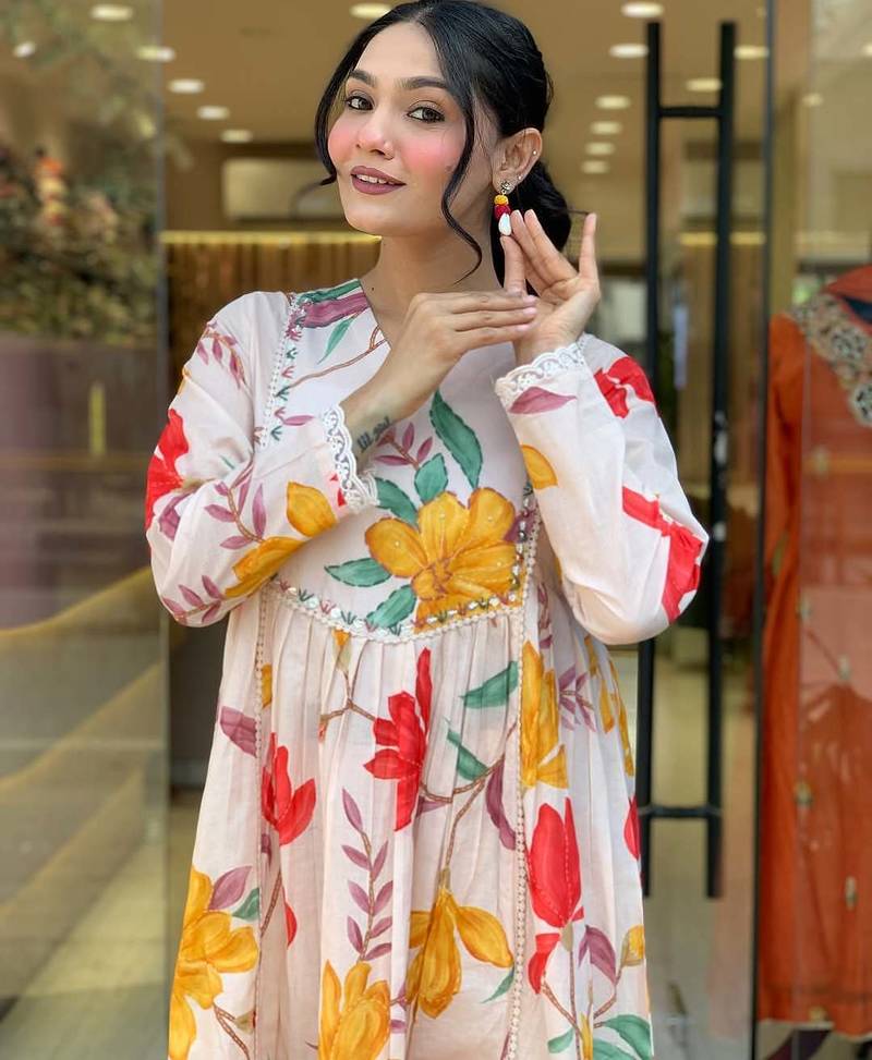 Cotton printed with embroidered off white salwar kameez