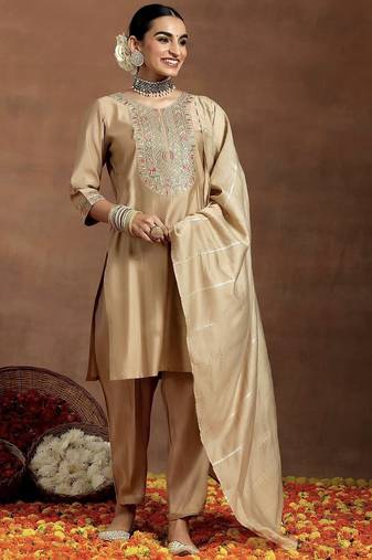 Beige embroidered ckanderi straight suit with dupatta