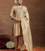 Beige embroidered ckanderi straight suit with dupatta
