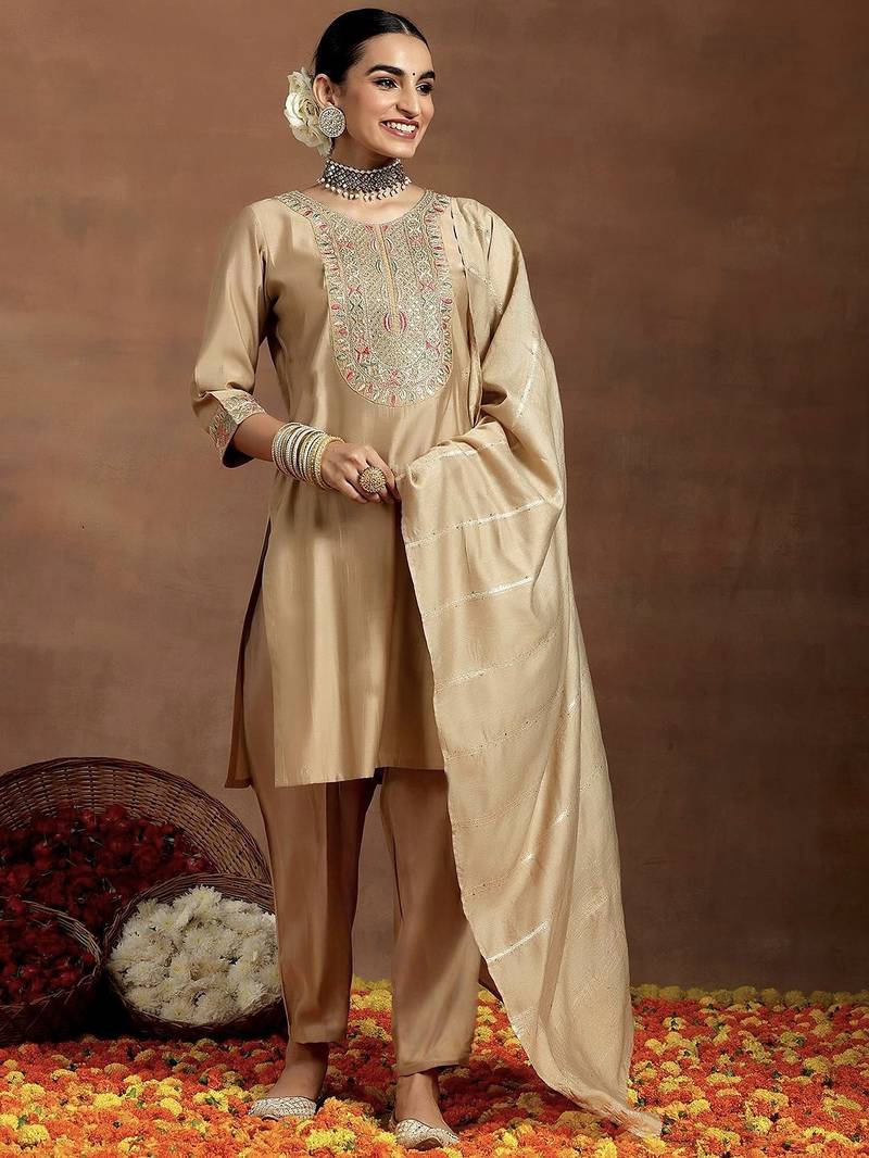 Beige embroidered ckanderi straight suit with dupatta