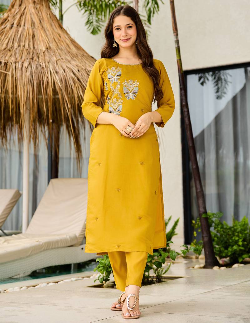 Mustard embroidered roman silk readymade salwar kameez
