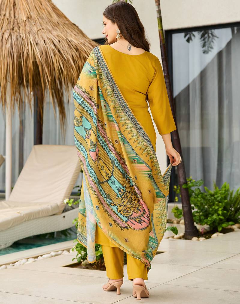 Mustard embroidered roman silk readymade salwar kameez