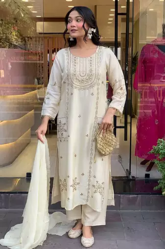 Art silk readymade salwar suit with embroidered work for ceremonial in off white