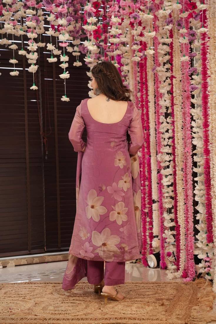 Salwar kameez printed chanderi silk in onion pink
