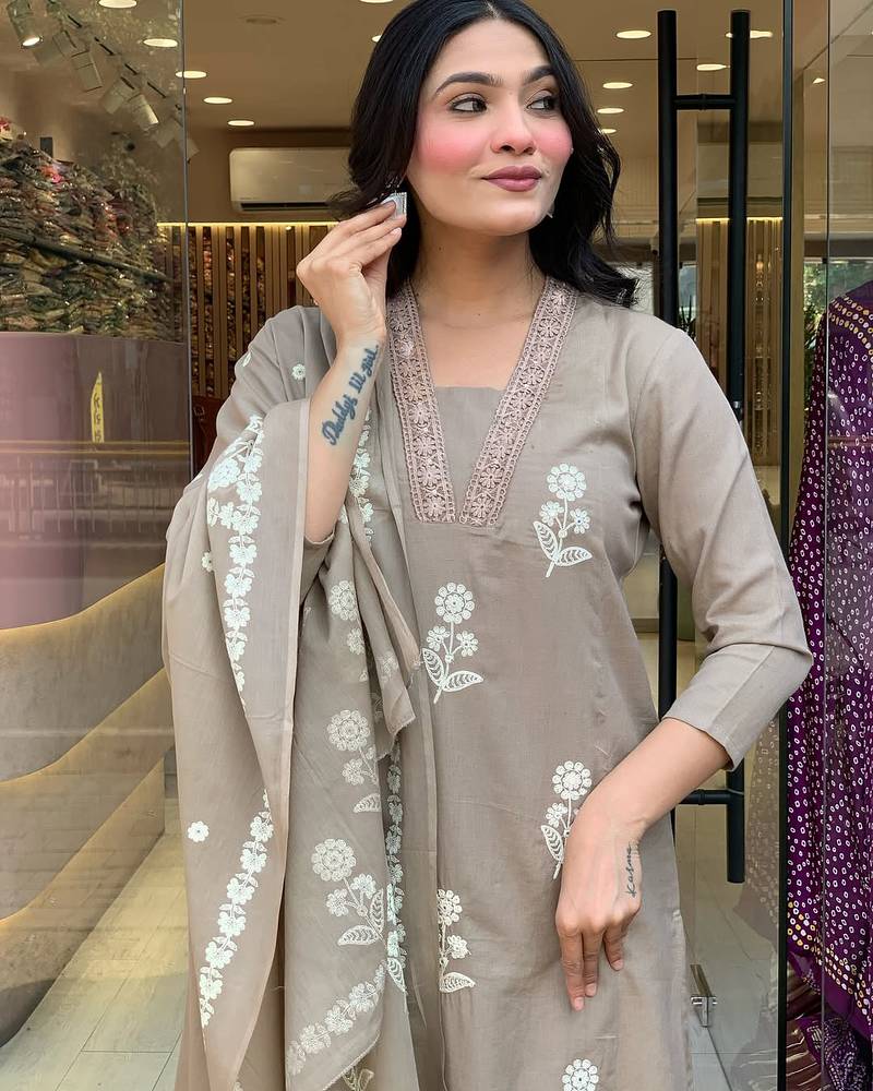 Beige printed with embroidered cotton salwar kameez