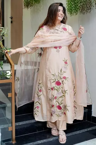Peach embroidered chanderi silk kurta set with palazzo and dupatta ready to wear