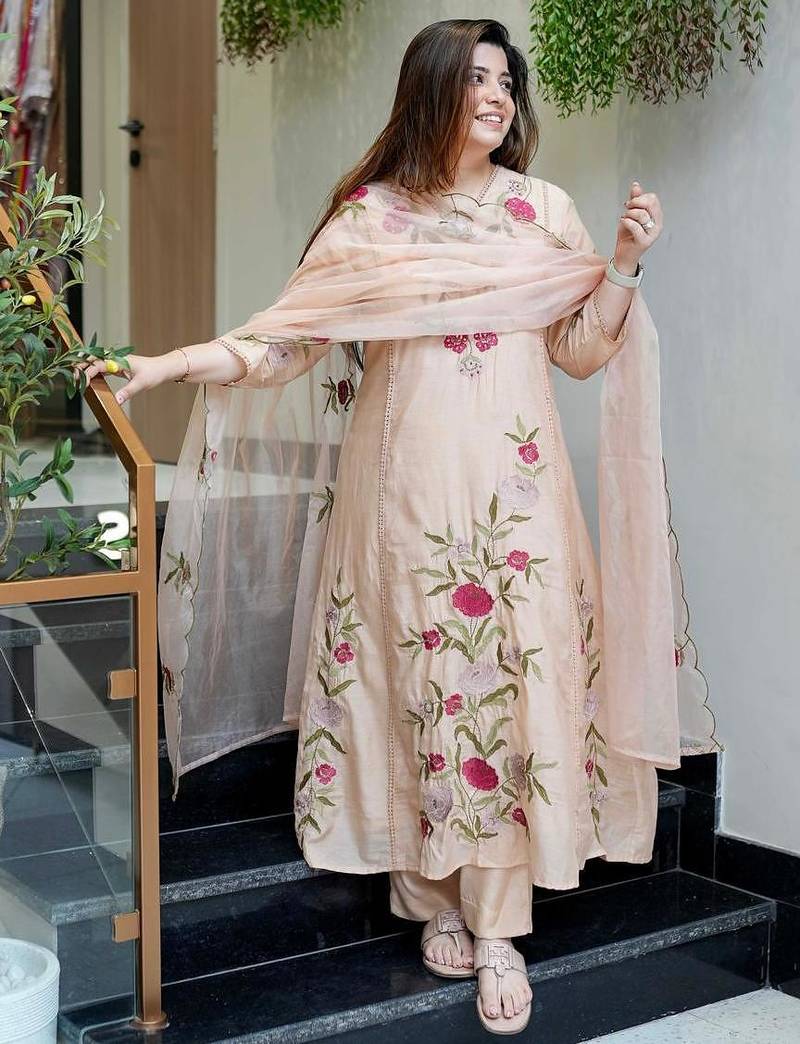 Peach embroidered chanderi silk kurta set with palazzo and dupatta ready to wear