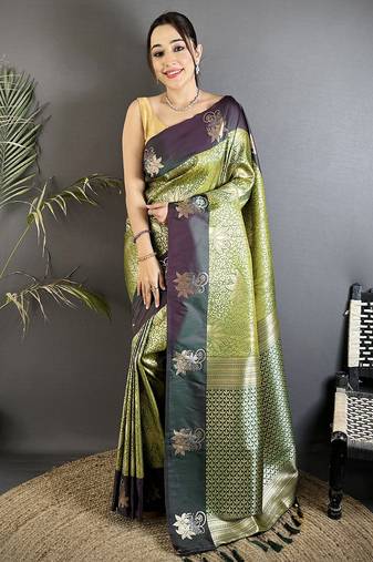 olive green soft silk blend intricate rose gold zari weaving dharmavaram saree