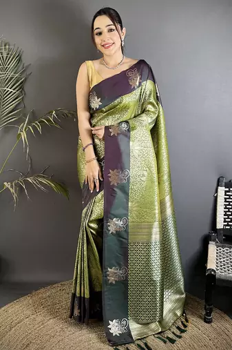 olive green soft silk blend intricate rose gold zari weaving dharmavaram saree
