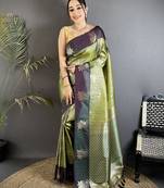 olive green soft silk blend intricate rose gold zari weaving dharmavaram saree