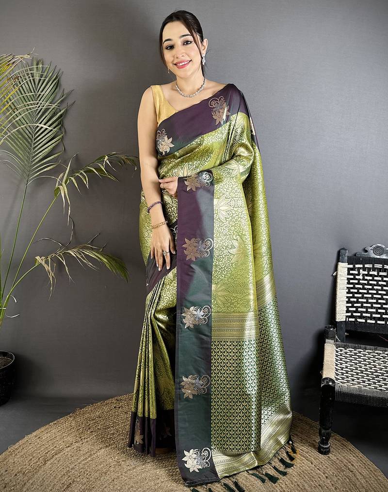 olive green soft silk blend intricate rose gold zari weaving dharmavaram saree