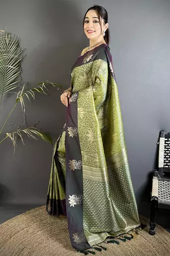 olive green soft silk blend intricate rose gold zari weaving dharmavaram saree