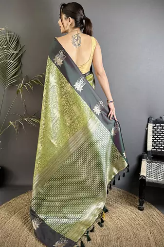 olive green soft silk blend intricate rose gold zari weaving dharmavaram saree