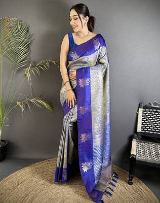 grey soft silk blend intricate rose gold zari weaving dharmavaram saree 1
