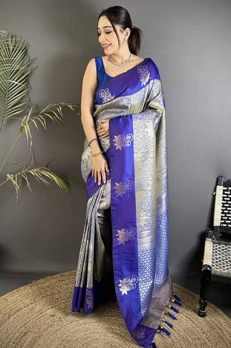 grey soft silk blend intricate rose gold zari weaving dharmavaram saree