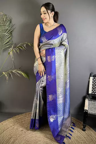 grey soft silk blend intricate rose gold zari weaving dharmavaram saree