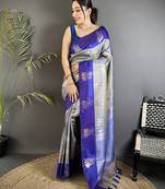 grey soft silk blend intricate rose gold zari weaving dharmavaram saree