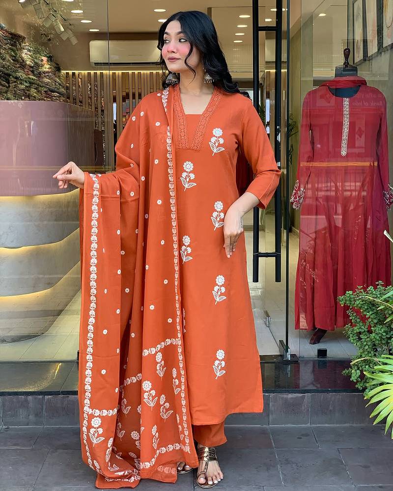 Orange printed with embroidered cotton salwar kameez