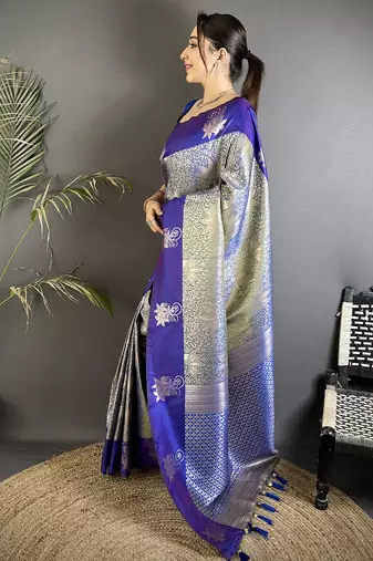 grey soft silk blend intricate rose gold zari weaving dharmavaram saree