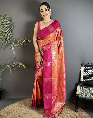 orange soft silk blend intricate rose gold zari weaving dharmavaram saree 1