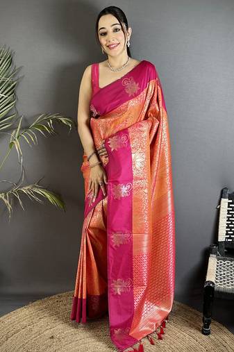 orange soft silk blend intricate rose gold zari weaving dharmavaram saree