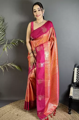 orange soft silk blend intricate rose gold zari weaving dharmavaram saree