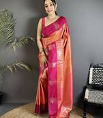 orange soft silk blend intricate rose gold zari weaving dharmavaram saree