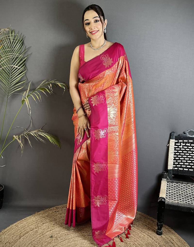 orange soft silk blend intricate rose gold zari weaving dharmavaram saree