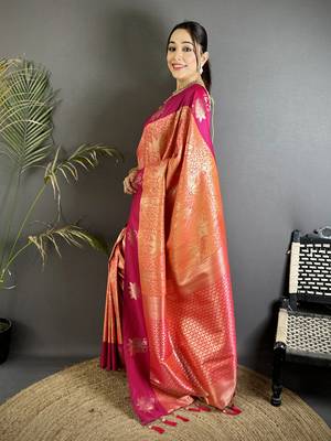 orange soft silk blend intricate rose gold zari weaving dharmavaram saree 2