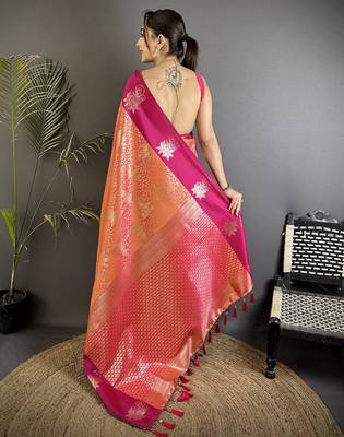 orange soft silk blend intricate rose gold zari weaving dharmavaram saree 3