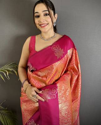 orange soft silk blend intricate rose gold zari weaving dharmavaram saree 4