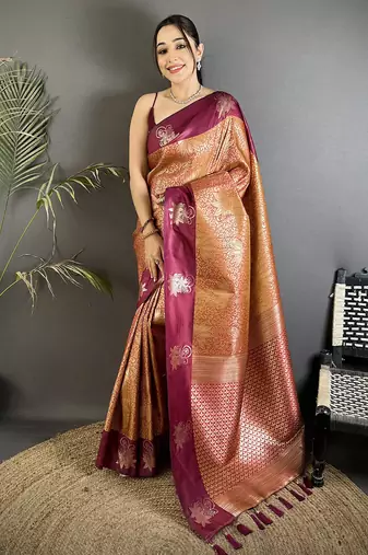 wine soft silk blend intricate rose gold zari weaving dharmavaram saree