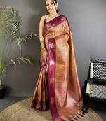 wine soft silk blend intricate rose gold zari weaving dharmavaram saree
