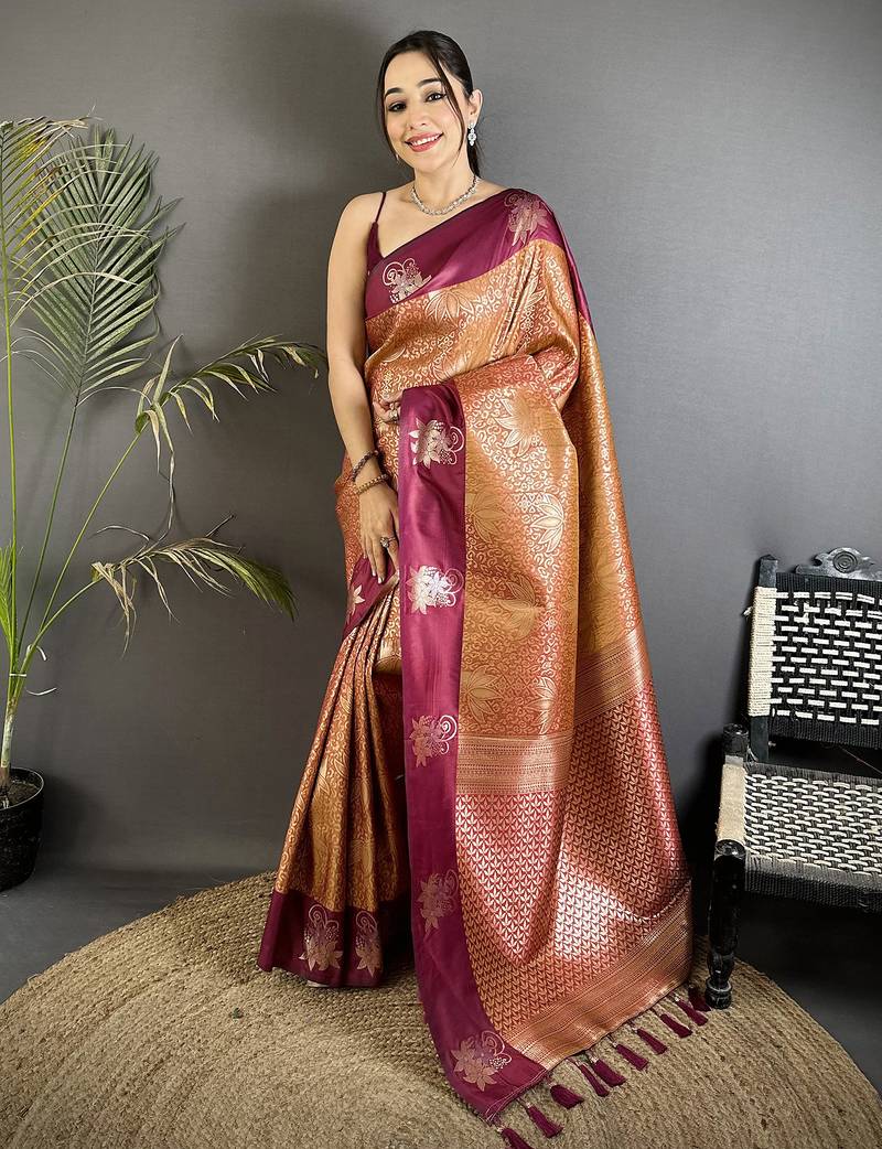 wine soft silk blend intricate rose gold zari weaving dharmavaram saree