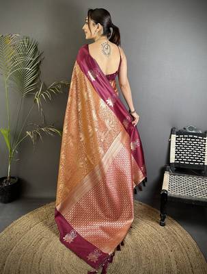 wine soft silk blend intricate rose gold zari weaving dharmavaram saree 3